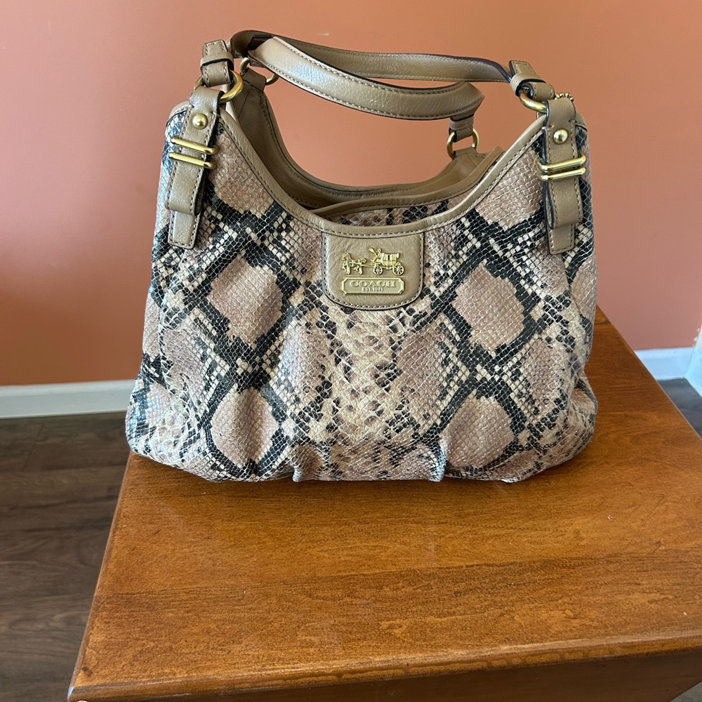 COACH tan and black snakeskin leather hobo bag